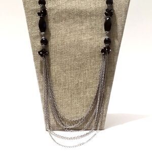 Elegant Silver Tone Multi Chain and Black Bead Station Necklace